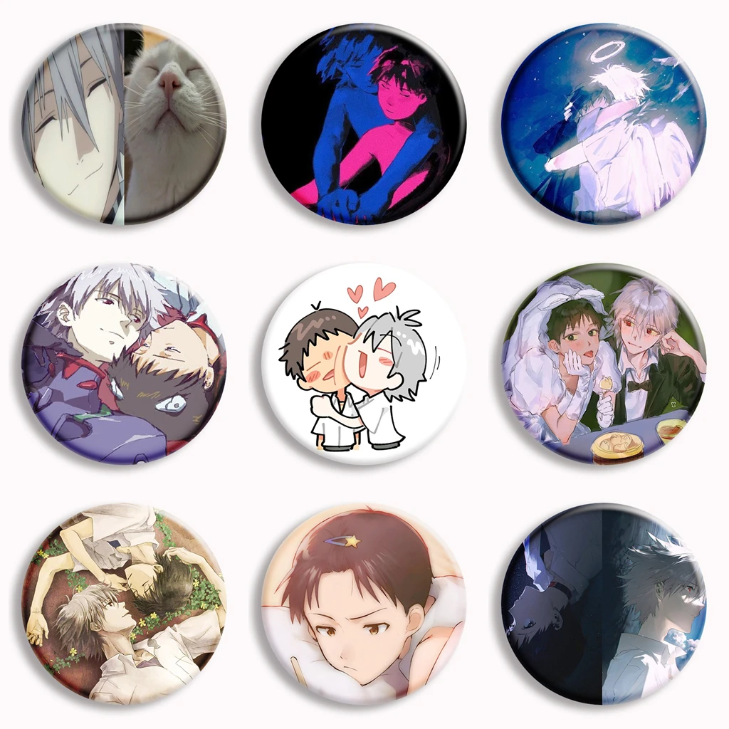 Anime Kaworu Nagisa x Ikari Shinji Fanart Soft Button Pin EVA Character Cartoon Brooch Badge Bag Decor Fans Friends Gifts