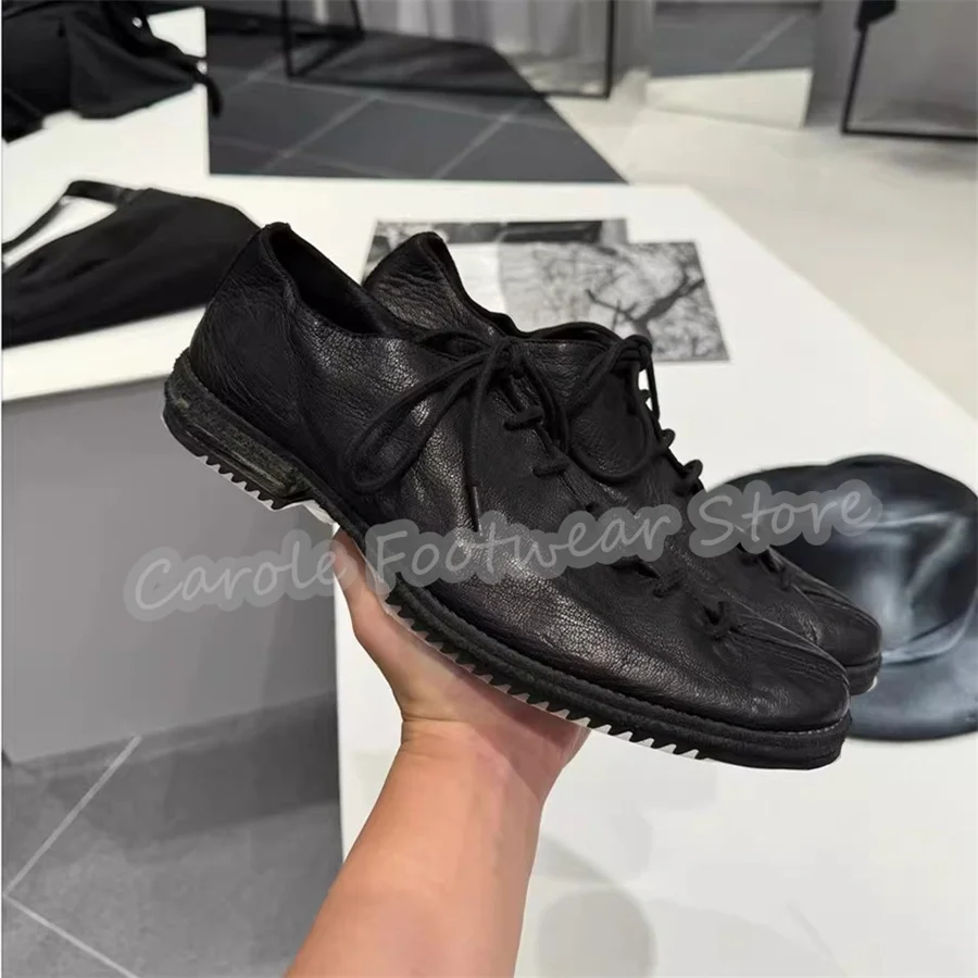 

Модные черные кожаные лоферы для мужчин в британском стиле, туфли на плоской подошве с круглым носком и шнуровкой, мужская летняя повседневная обувь