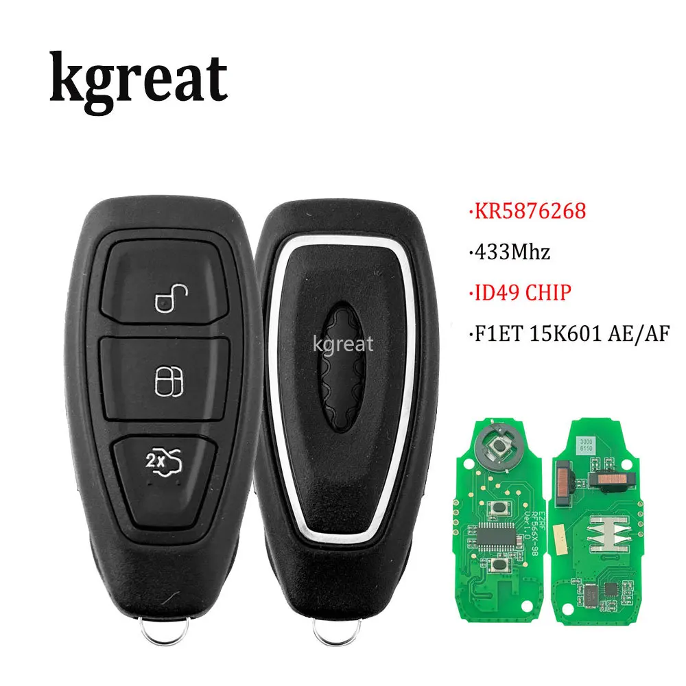 KGREAT KR5876268 Smart Car Remote Key For Ford Kuga Fiesta Focus Grand C-Max 2011+ 433Mhz ID49 Keyless Go F1ET 15K601 AE/AF