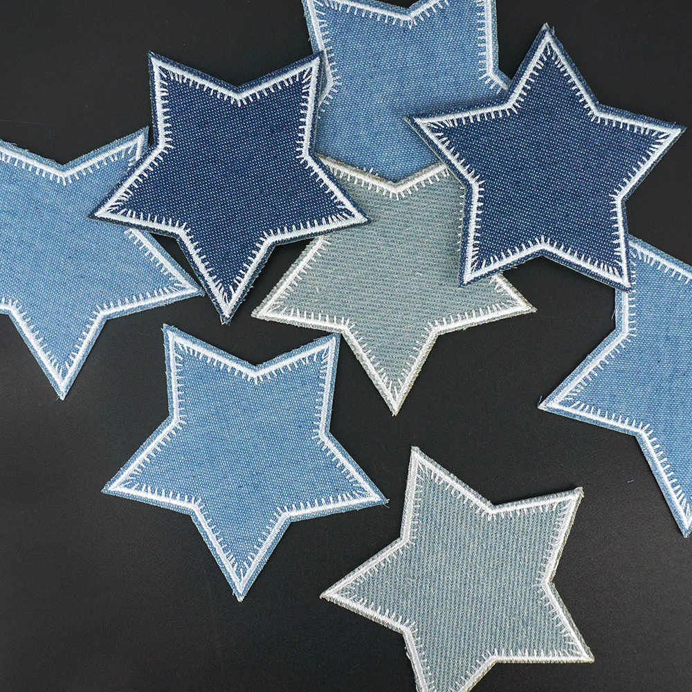 1 Piece Blue Jeans Star Patch Iron on Embroidered  Applique for Clothes Backpack