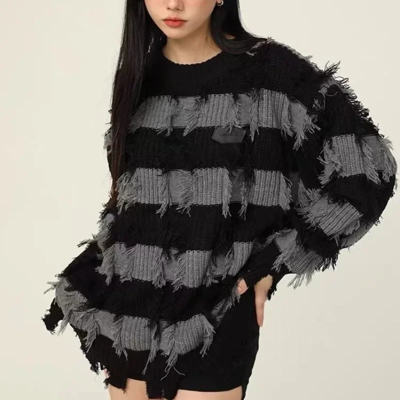 

Women Striped Loose Tassel Frayed Warm Sweater O-Neck Long Sleeve Thicken Knitted Pullovers Casual Y2K Vintage Autumn Winter