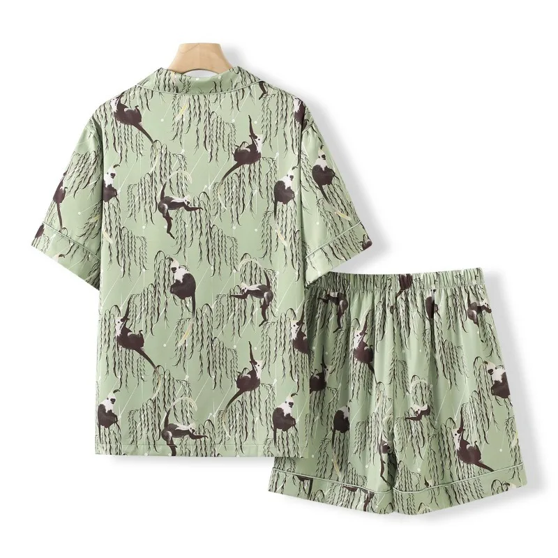 Fashionable Simple Monkey Print Short-sleeved Cardigan Pajamas Simulation Silk Loungewear Soft and Smooth Sleepwear 2 Piece Set