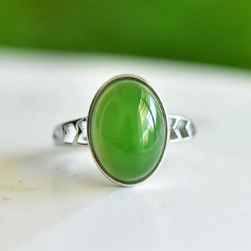 Genuine China Nephrite Stone Green Jade Oval Ring 925 Silver Certified Jewelry Women Natural Hetian Jade Rings Girlfriend Gifts