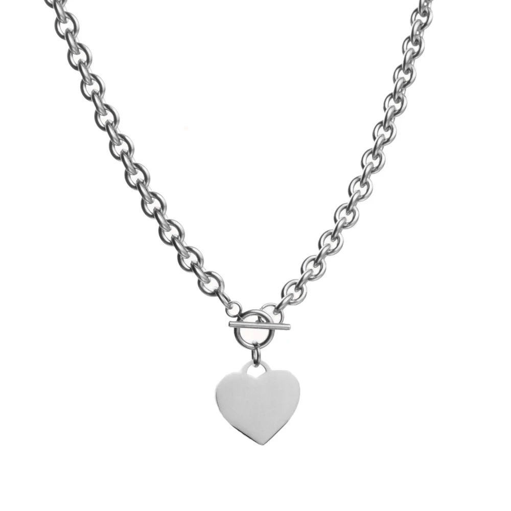 Stainless Steel Heart Charm Cable Chain Bracelet Necklace Set with Toggle Clasp Punk Rock Collar Necklace for Women Men