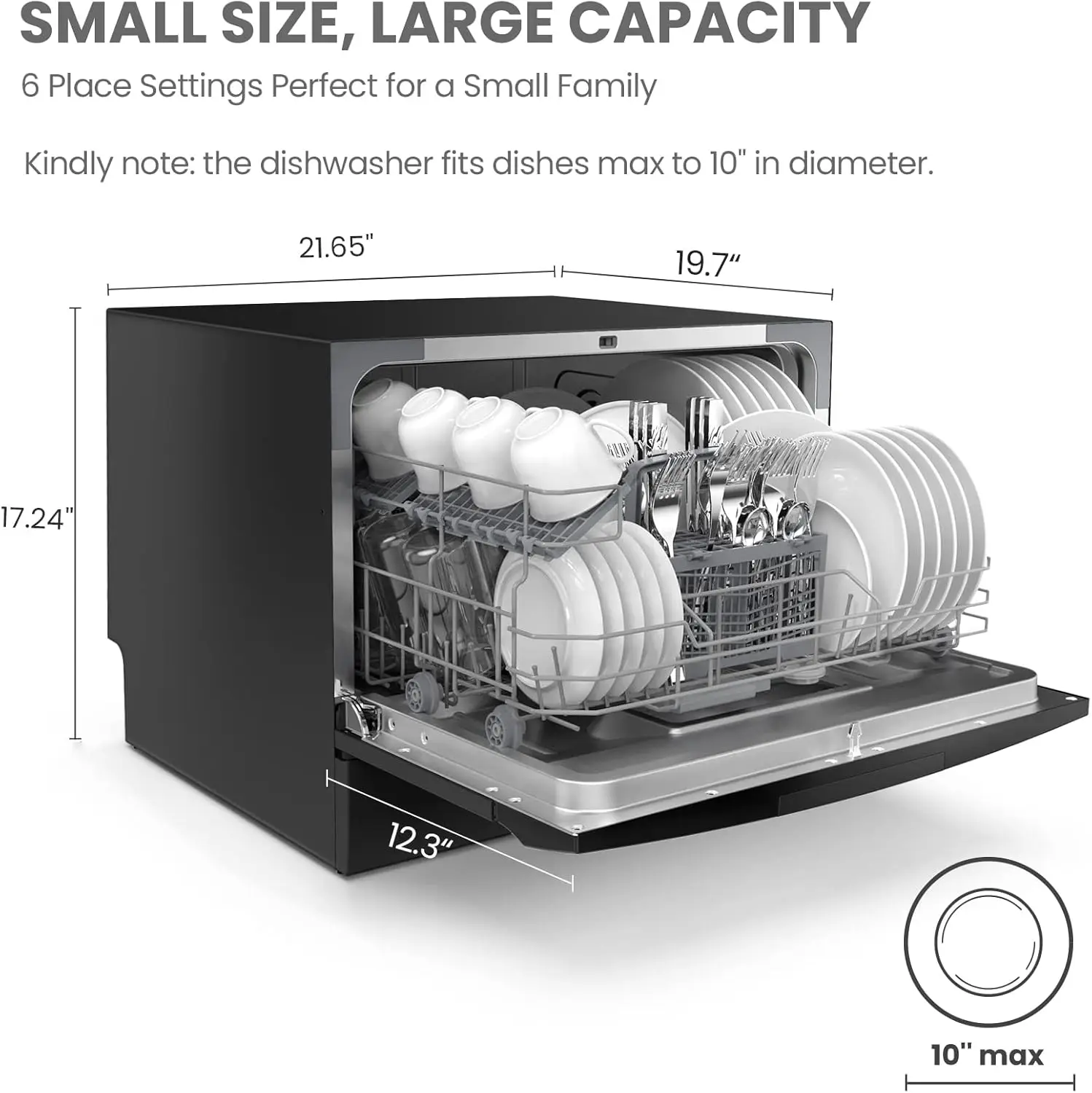 Countertop Dishwasher, Energy Star Portable Dishwasher, 6 Place Settings & 8 Washing Programs, Speed,Baby-Care, ECO& Glass Black