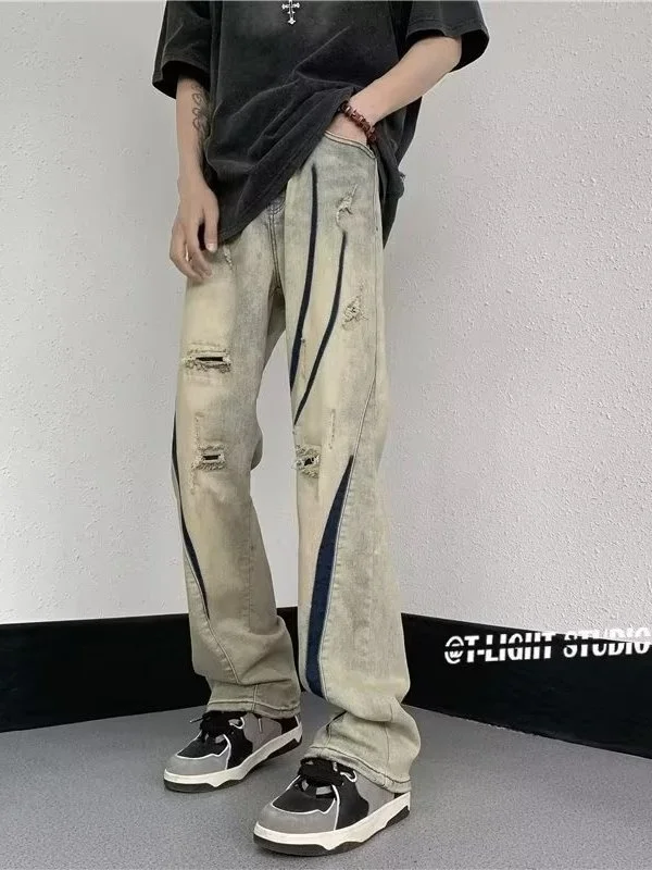 

American Style Men's Ripped Jeans High Street Loose Fit Versatile Long Pants Heavy Duty Casual Straight Leg Jeans