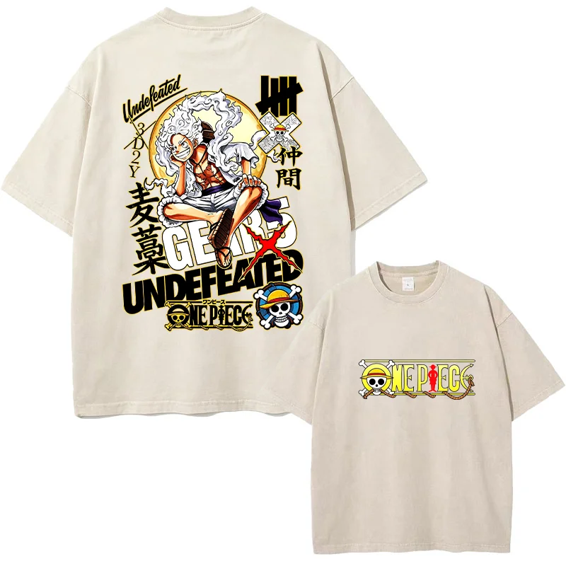 One Piece Sun God Nika Shape Luffy T-shirt Retro Washed Street Anime Pattern Neutral Summer Top 2026