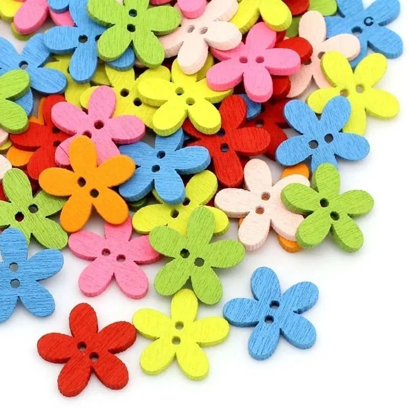 100 Pcs 2-hole Mixed Flower Wooden Decorative Buttons Suitable for Sewing Clip Arts and Crafts Multicolor