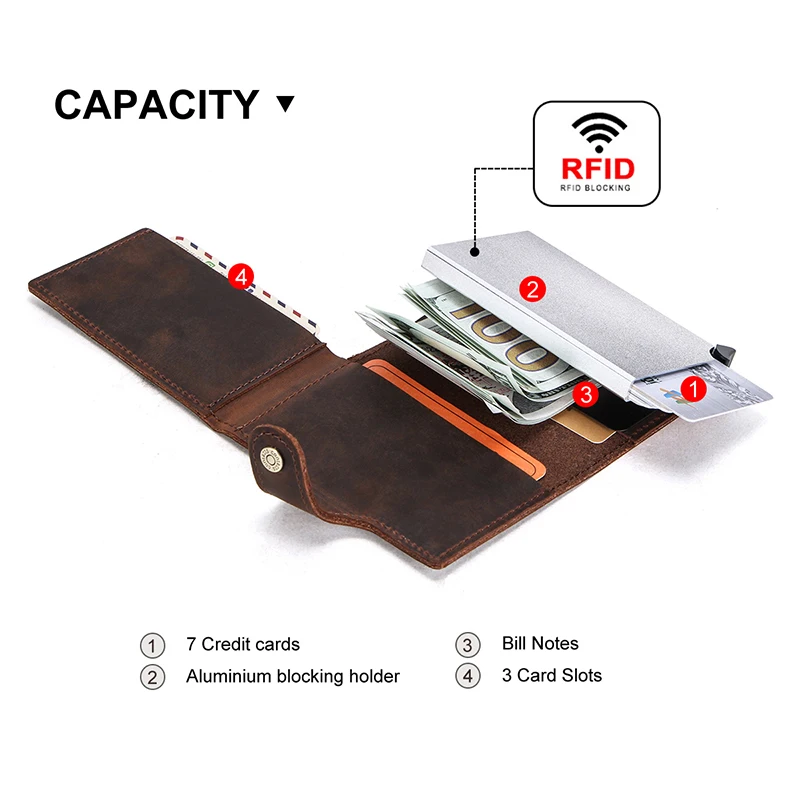 CONTACT'S-tarjetero de cuero Crazy Horse para hombre, caja de aluminio con bloqueo RFID, tarjetero automático, bolsillo para dinero