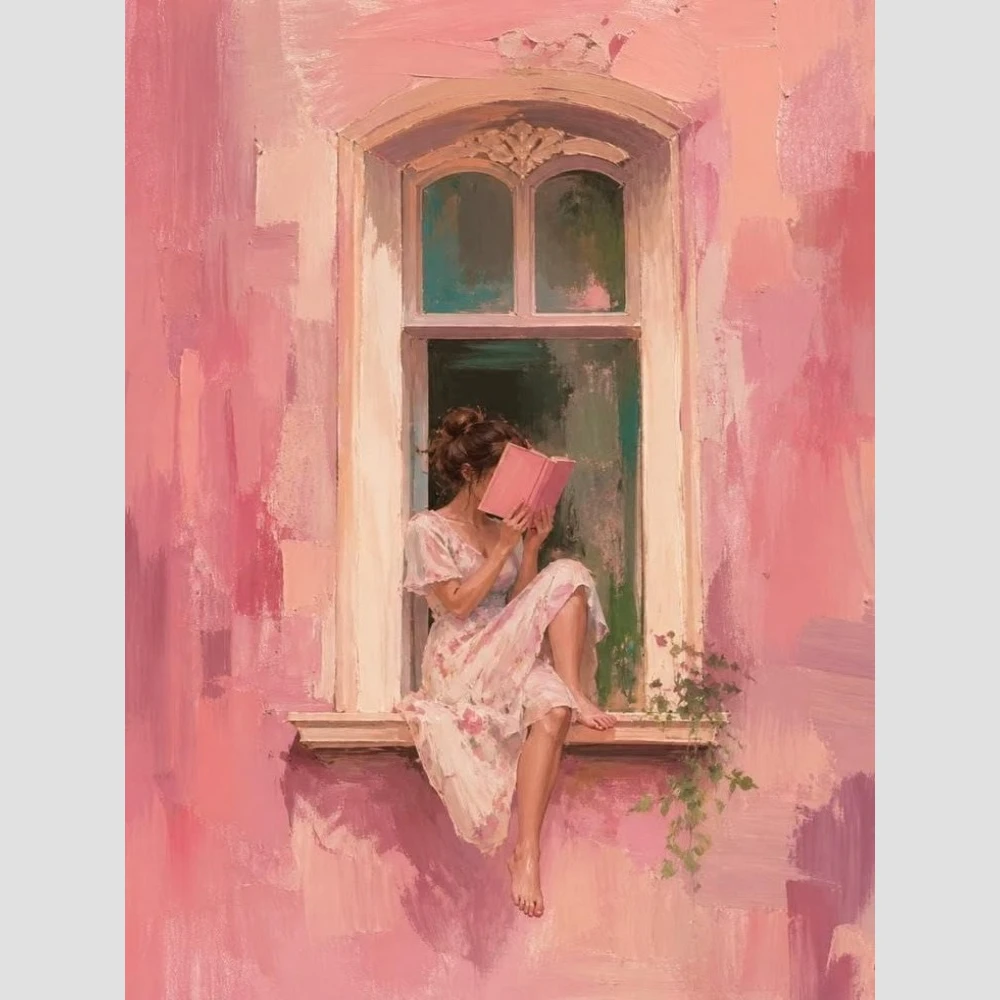 Oil Painting By Numbers Woman Reading Book Window Pink Wall Modern Wall Decor for Living Room Bedroom Gift No Frame