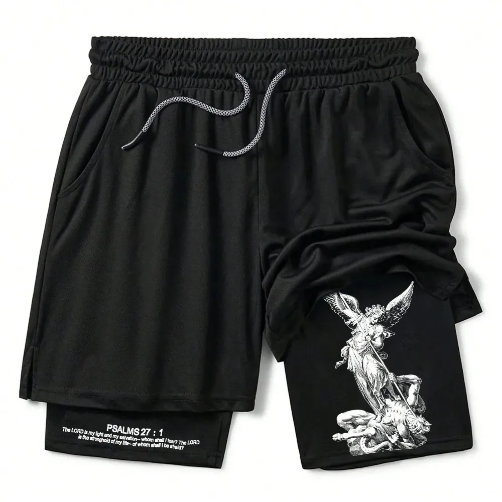 Men's 2-in-1 double-layered fashion sports shorts, street style shorts with bold lettering, angel and cross graphic prints.