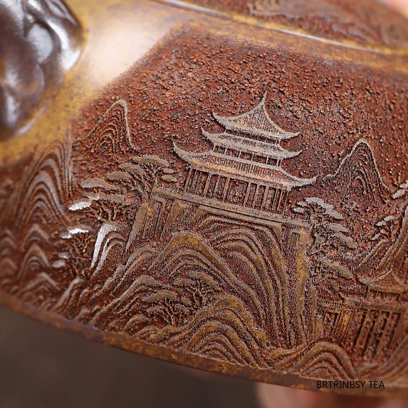 ييشينغ اليدوية الأرجواني الطين إبريق الشاي المنزلية الجمال براد شاي منحوتة باليد المشهد غلاية الصينية Zisha طقم شاي الهدايا 320 مللي