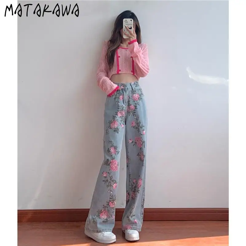 MATAKAWA Baggy Jeans Korean Fashion High Waist Slim Vintage Print Loose Straight Women\'s Pants Y2k Elegant Wide Leg Vaqueros