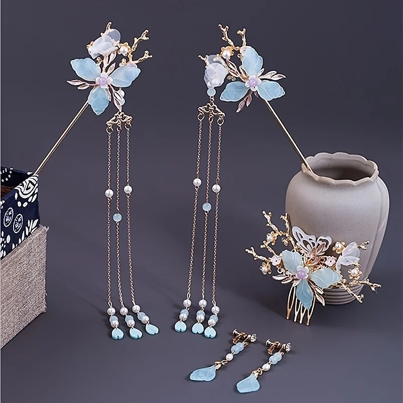 Chinese Style Pearl Crystal Hairpin Earring Set For Women Bride Party Hanfu Wedding Bridal Hair Accessories Jewelry Pin Band