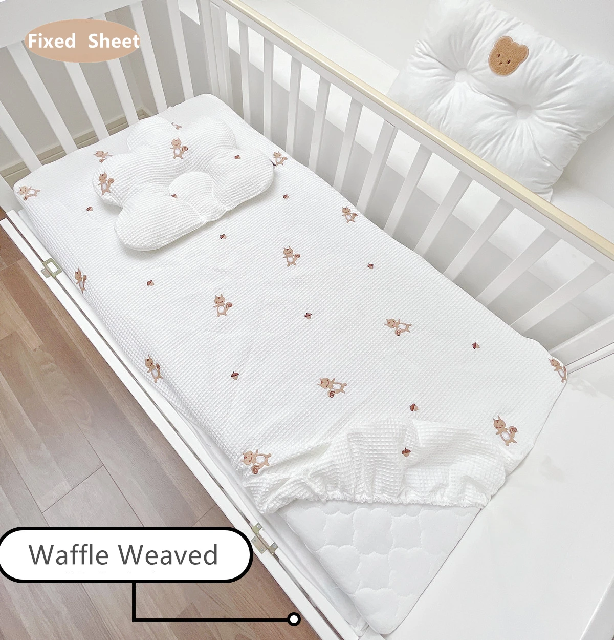 Baby Crib Waffle Weaved Fitted Sheets,Lovely Embroidered Cotton Portable Mini Crib Mattress Cover,White Bed Sheet For Kids