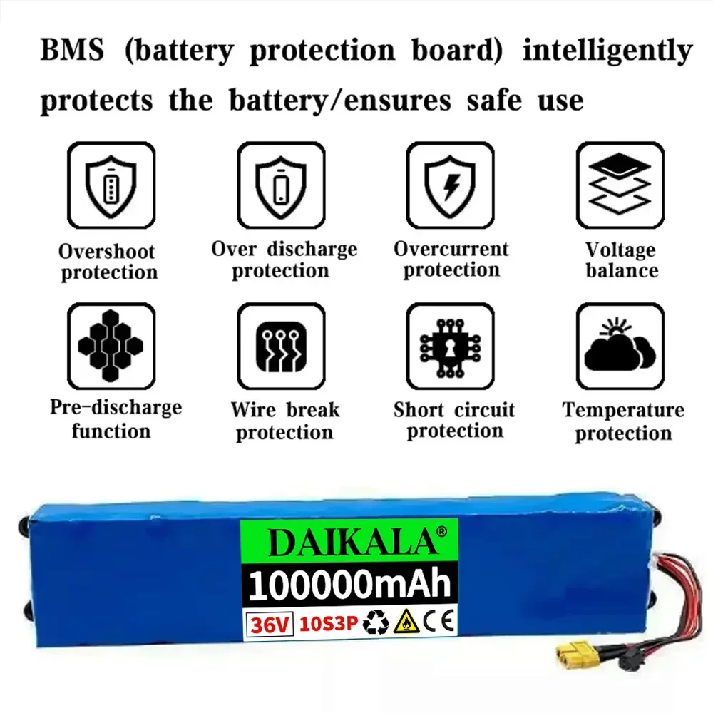 New 10S3P 36V 100Ah High-capacity Lithium Battery Pack for 10S3P M365 Power Bicycle Scooter Electric Battery Vehicle with BMS