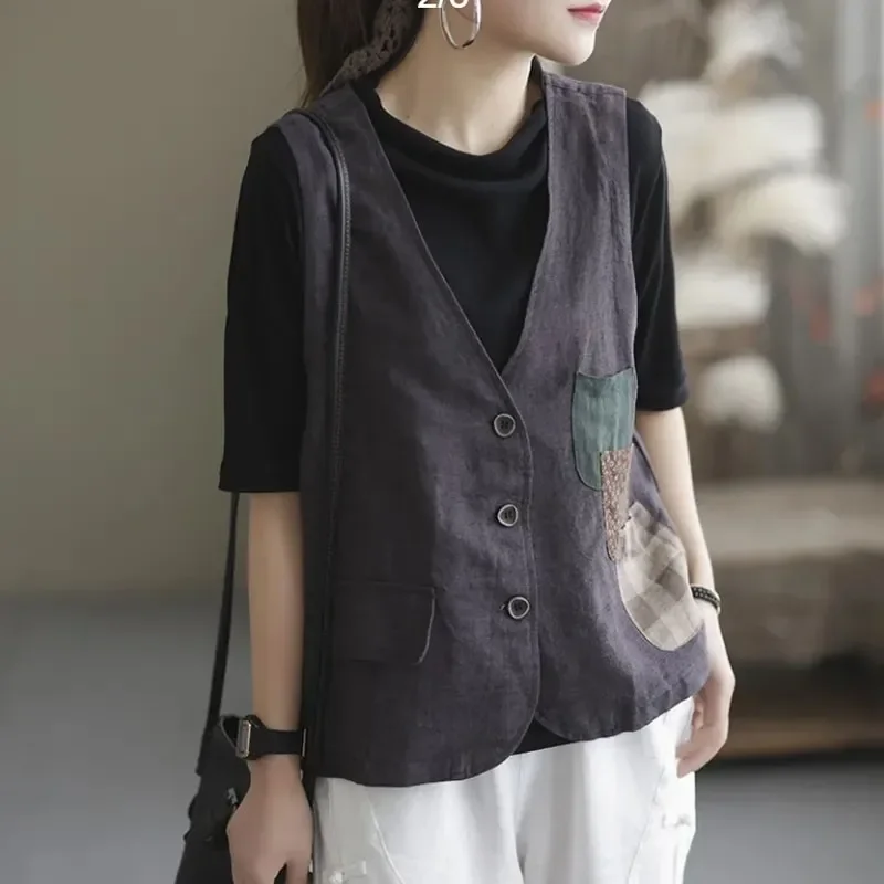 Women's Plus Size Linen Vest - Patchwork Pocket Sleeveless Vintage Waistcoat