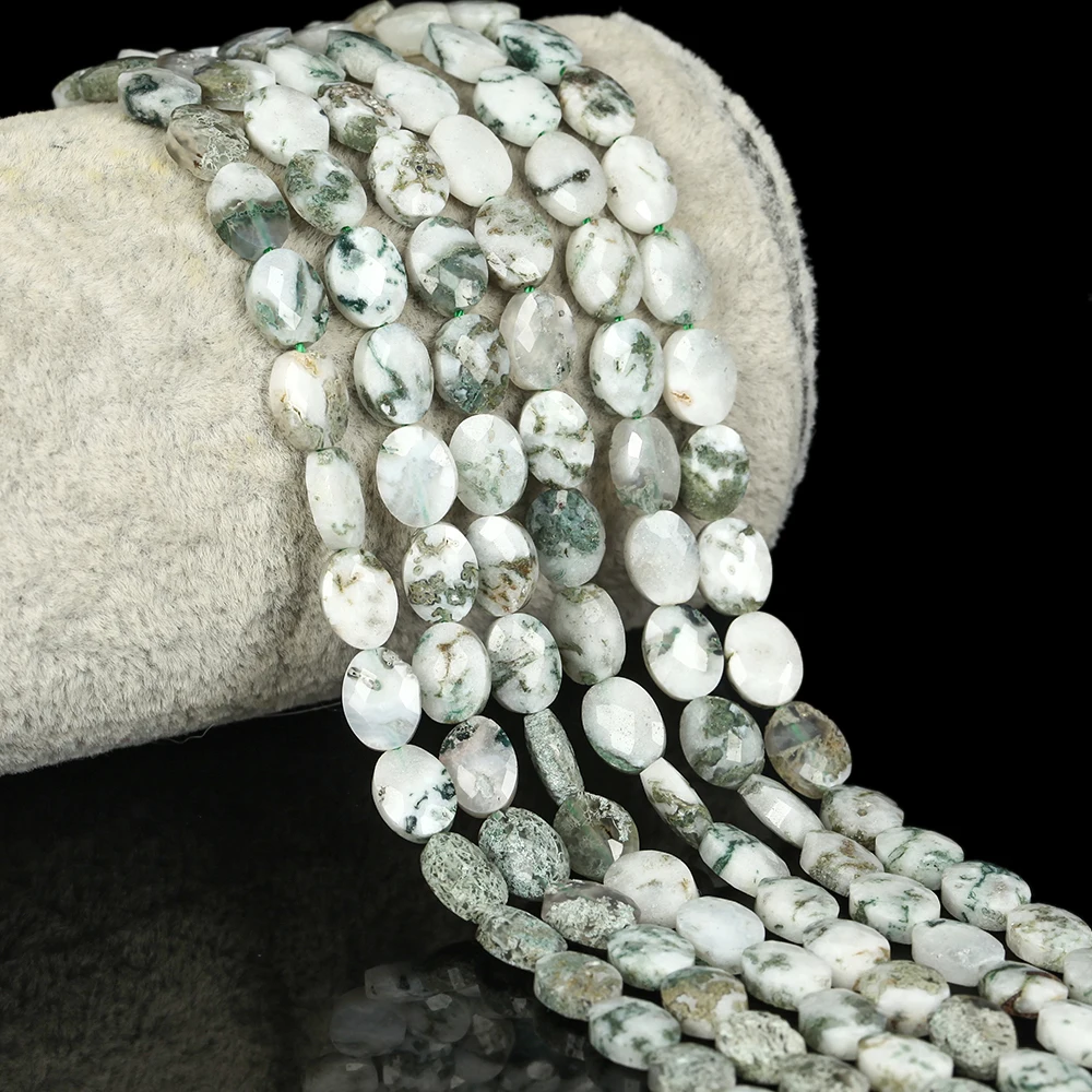 23pcs 6x8mm Natural Stone Beads Faceted Tree Agate Oval Loose Beads for Jewelry Making DIY Bracelet Handmade Accessories 7inches
