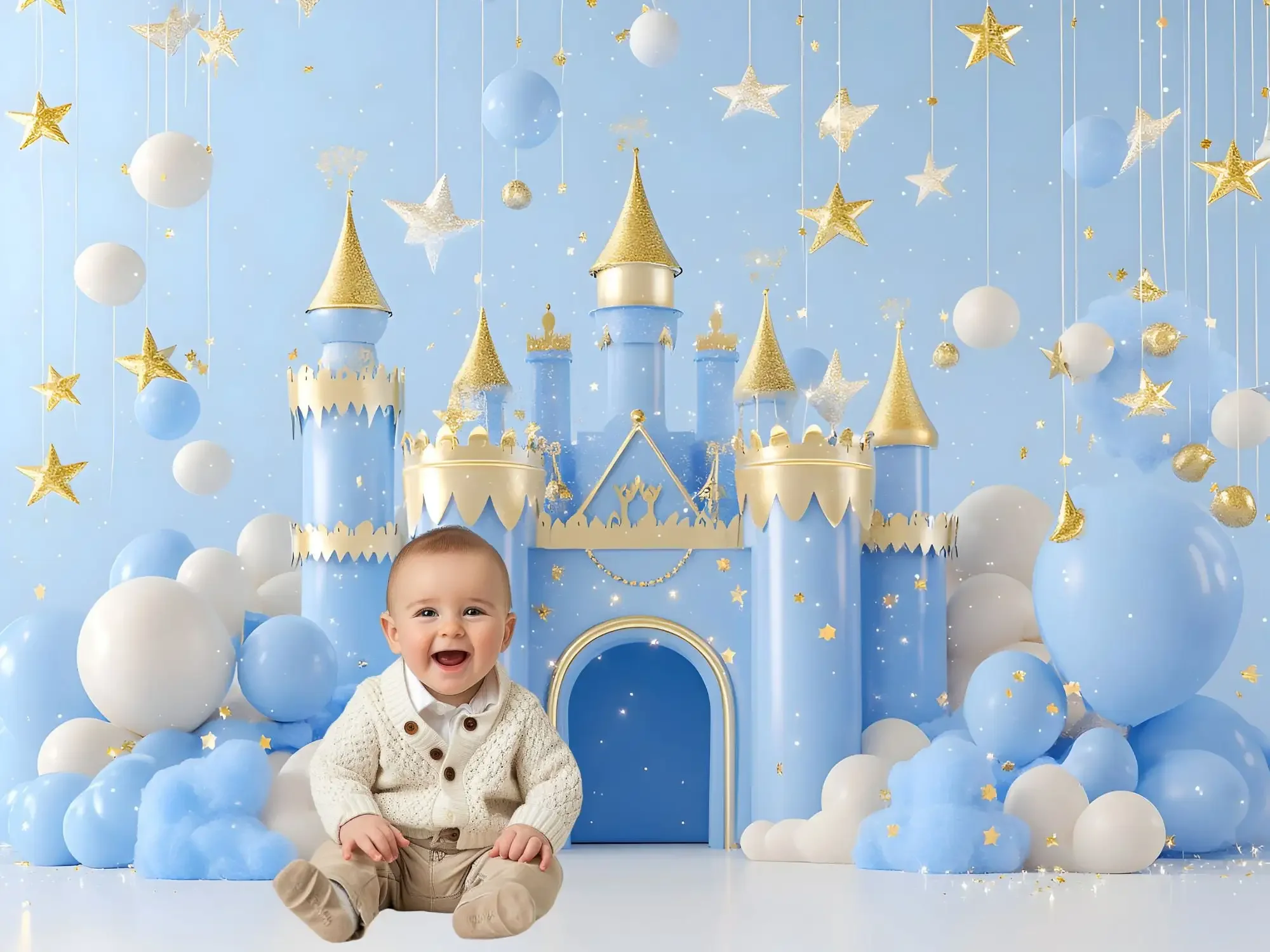 Mehofond fotografia tło marzycielskie niebieskie balony zamek dzieci urodziny ciasto Smash portret wystrój tło Photo Studio