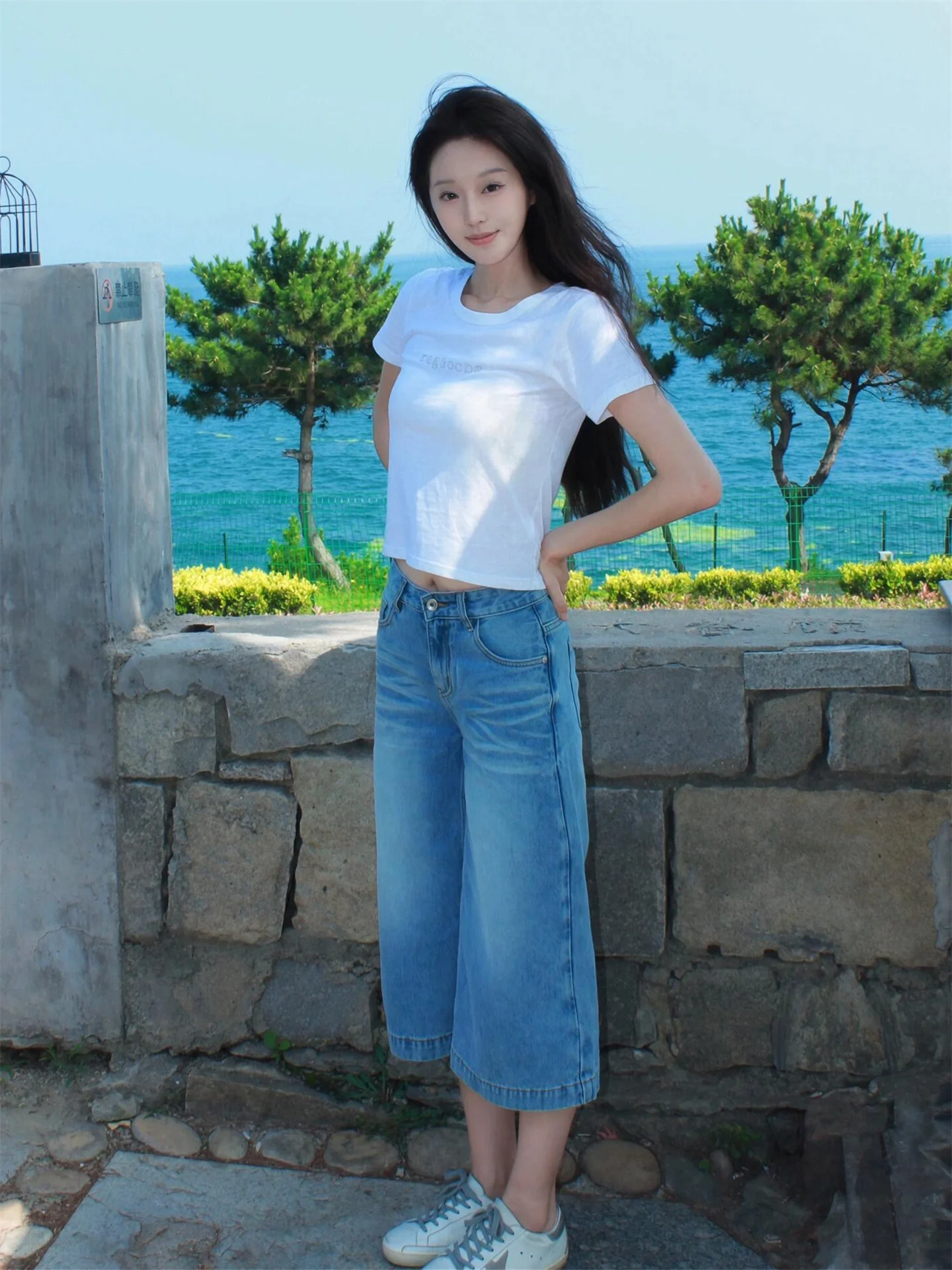

American Retro Washed Blue Wide Leg Seven-Foot Denim Jeans Women Summer High Waist Loose Slimming Mid-Pants Casual Style