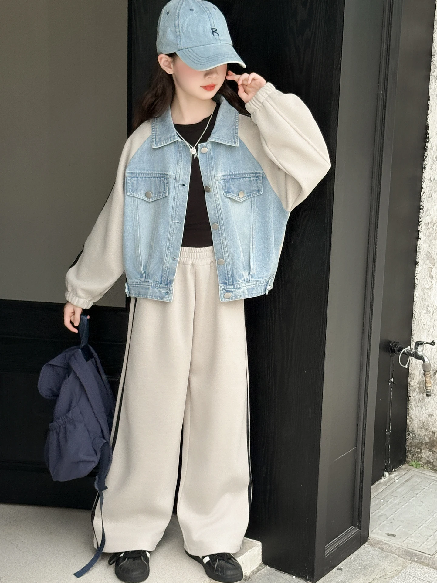 Girls' Casual Denim Two-Piece Set Spring Autumn 2026 New Splicing Open Cardigan Jacket Junior High School Students' Autumn Cl...