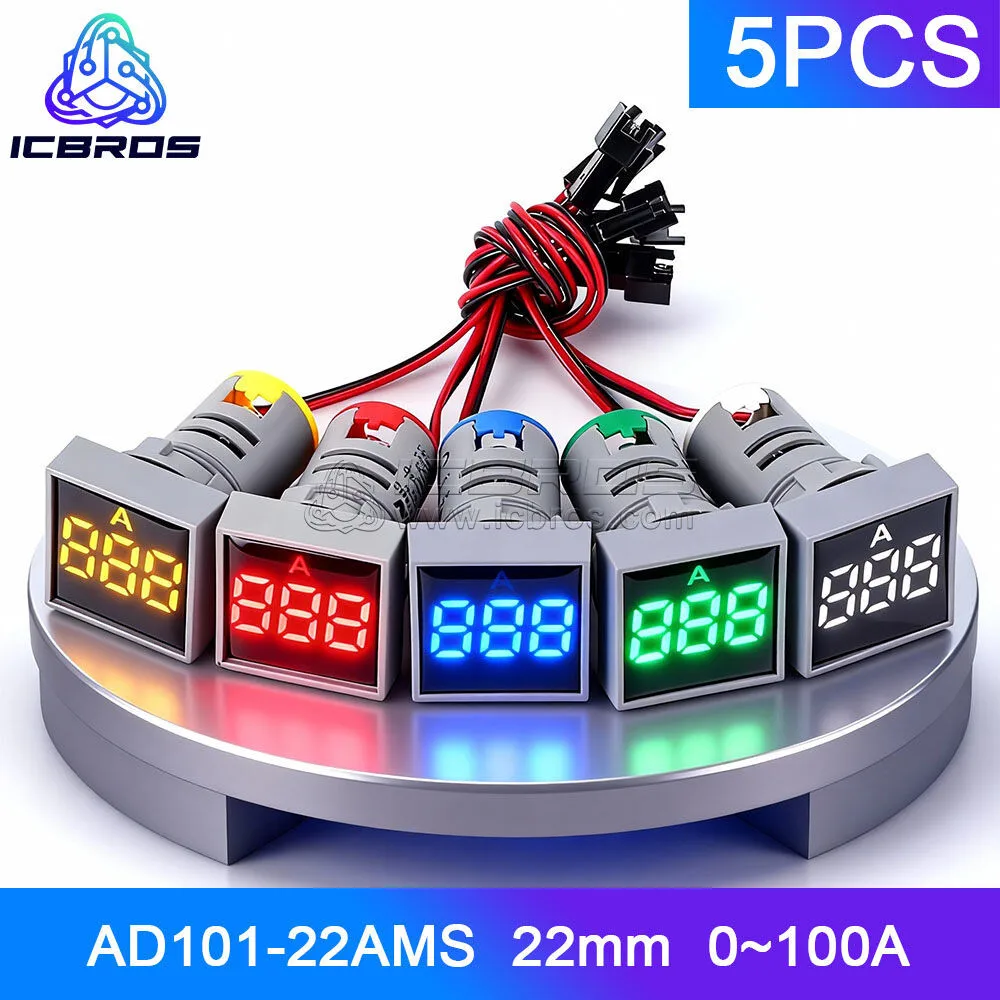 5pcs AD101-22AMS Small Current Indicator Light 22mm Mini Indicator Led Square Digital Display 0~100A Amp Meter Ammeter Ampere