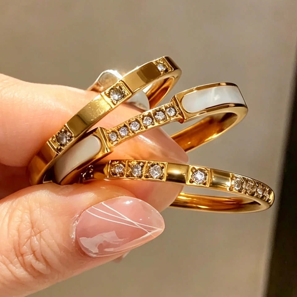 Yupsk 3pcs Stainless Steel Rings Set for Women Sparkling Zircon Inlay Versatile Everyday Stacking Ring Accessories Jewelry Gift