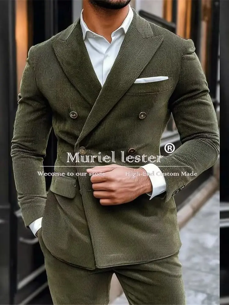 

Corduroy Business Suits Men Double Breasted Jacket Pants 2 Pieces Groom Formal Party Wedding Tuxedos Customized Man Prom Blazers