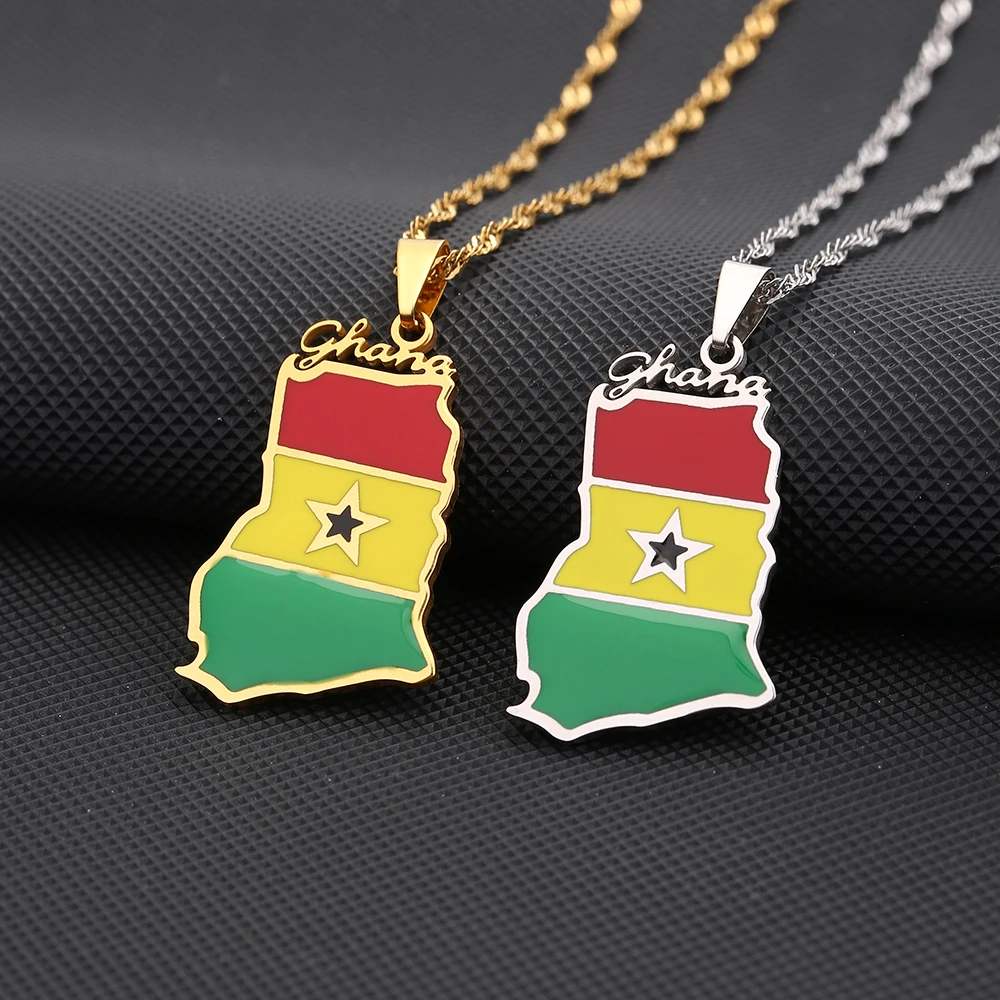 

New Enamel Drop Oil Ghana Map Flag Pendant Necklace For Women Girls Stainless Steel Ghanaian Jewelry Ethnic Birthday Party Gifts