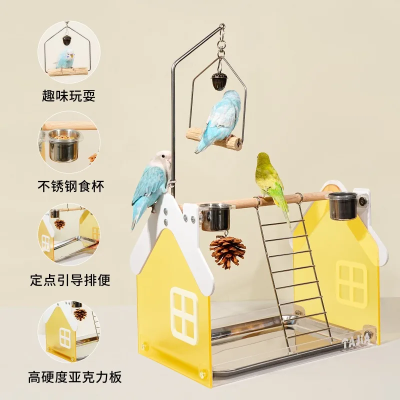 Beautiful Metal Bird Stand with Washable Tray, Stainless Steel Feeder & Waterer for Small Birds