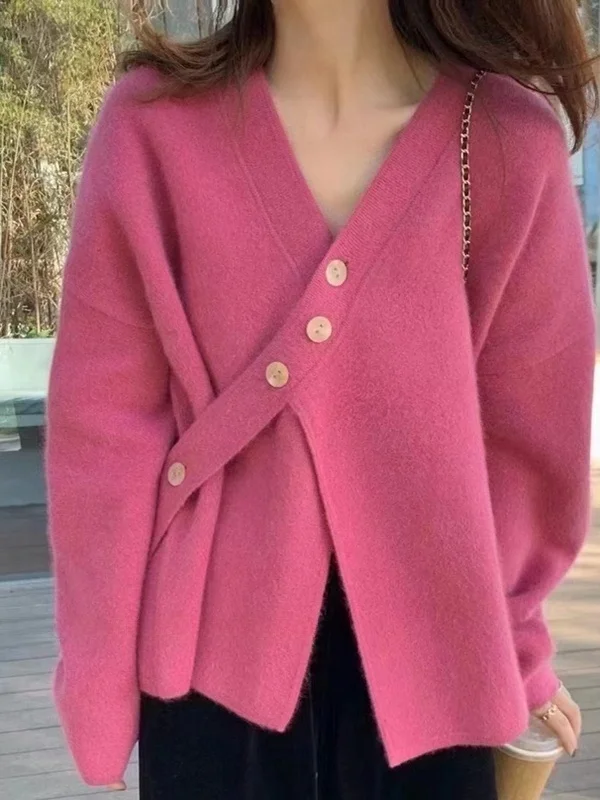 

Thickened Bear Fur Sweater Coat Cardigan Women's Autumn Winter Knitted Loose Lazy Style Diagonal Buckle V-neck Chinese Design