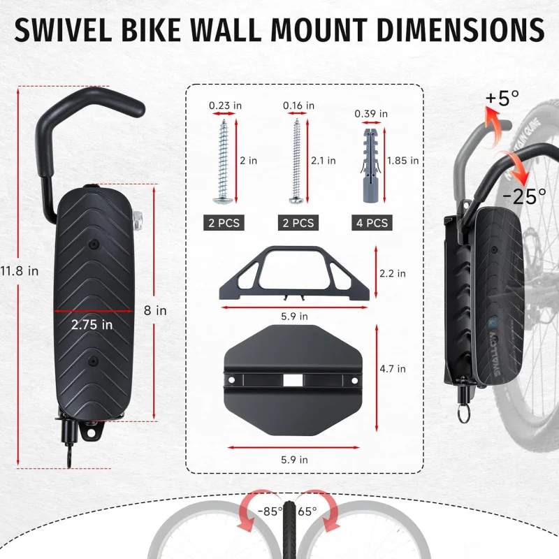 150° Rotating Multifunctional Bicycle Hanger Wall-Mounted Storage Rack Vertical Load-Bearing Capacity 66lbs per Rack Pack of 2