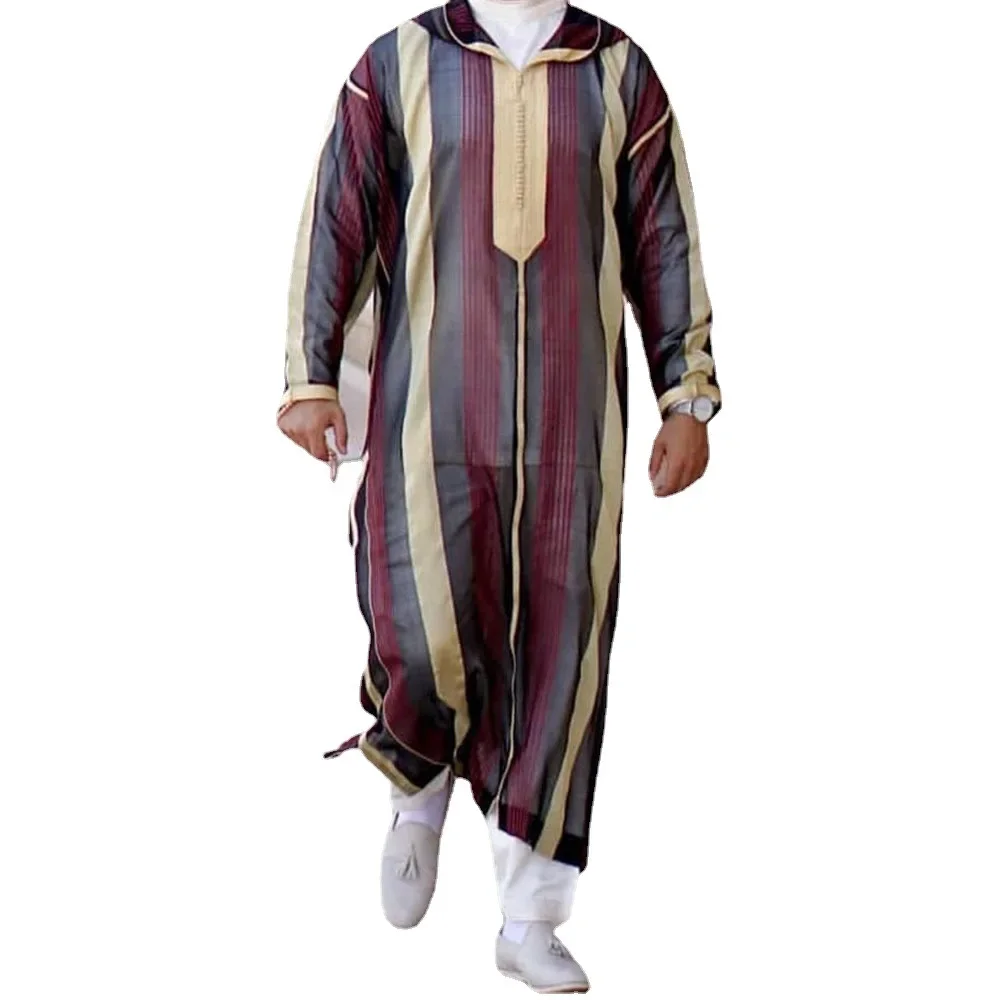 2024 Men\'s New Abaya Muslim Summer Middle Age Lapel Loose Striped Casual Muslim Style Arab Islamic Robe