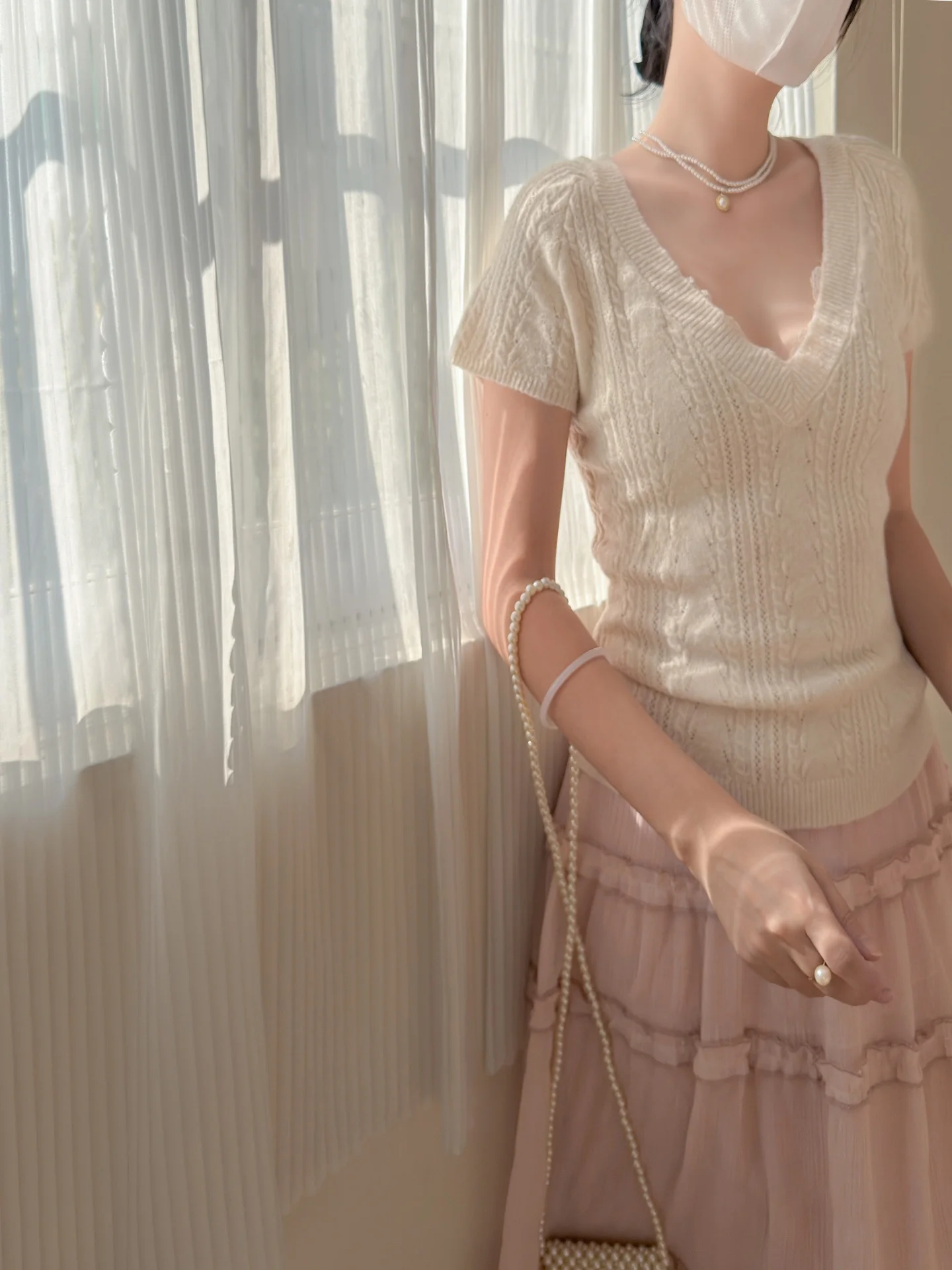 

Early Spring Romantic Sle V-Ne Lace Splice Knitted Sweater Slim Fit ort Sve Anti-Aging Feeling Girl's Top