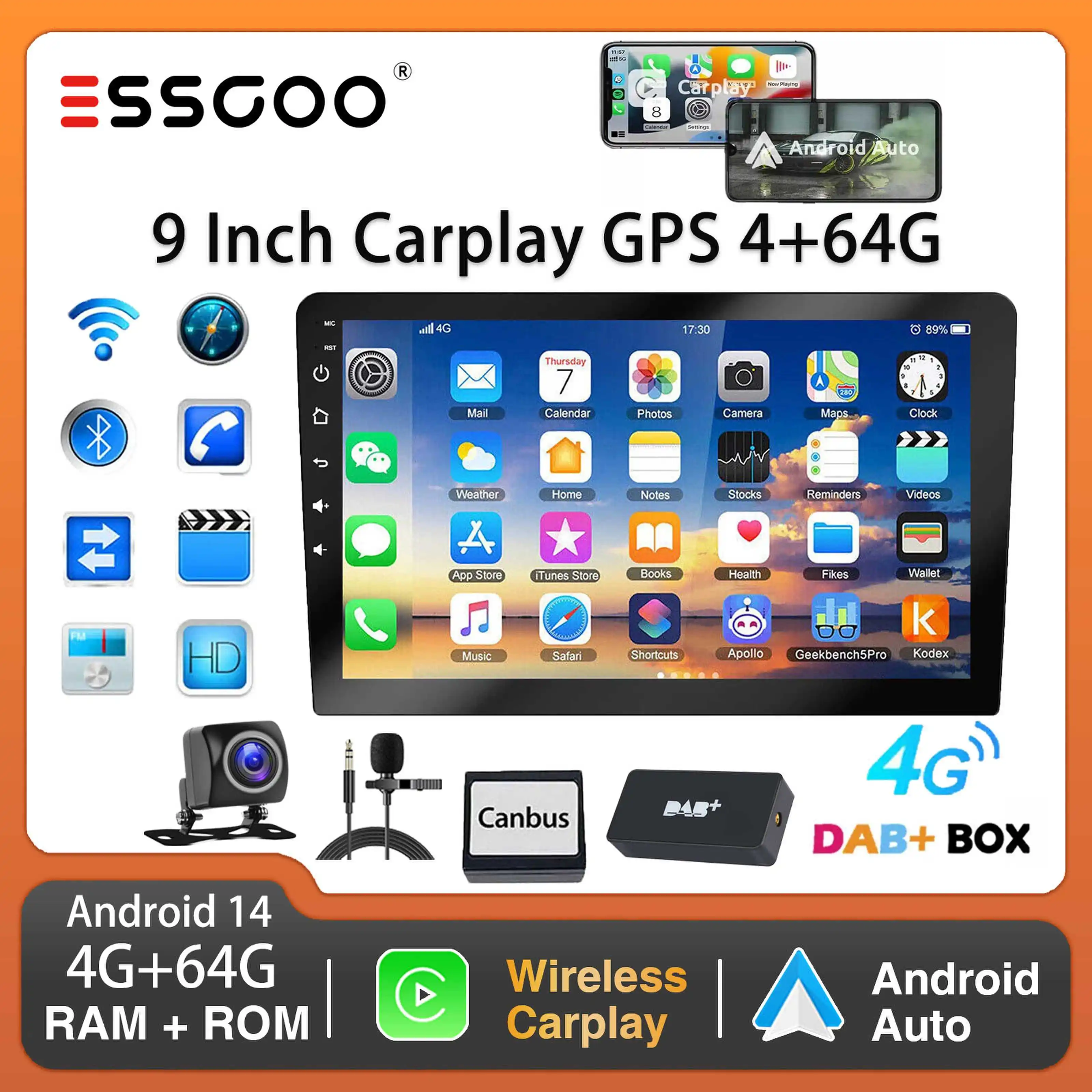 ESSGOO 9Inch 2 DIN Car Stereo Radio Wirless Carplay Android Auto Car Stereo Bluetooth 64G GPS Navigation RDS WiFi USB FM DAB+CAM