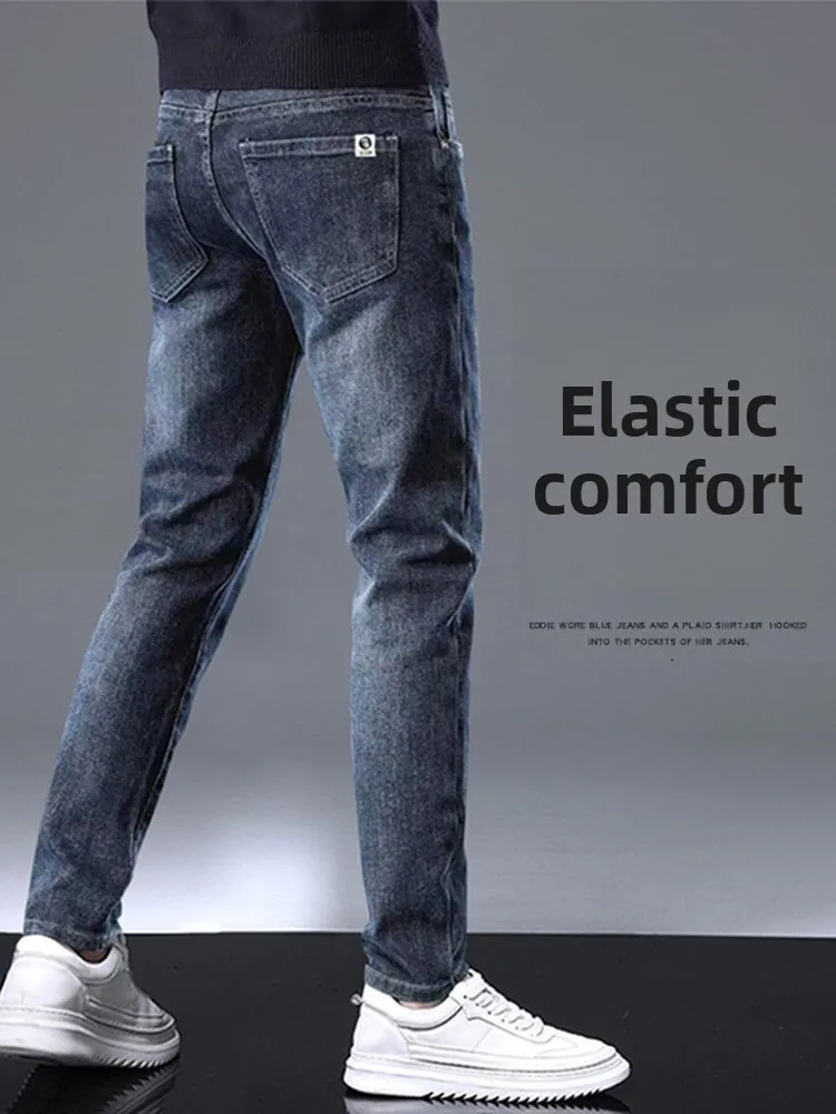 Spring and Autumn Jeans Cowboy Elastic Straight Loose Men's Clothing Versatile Jeans Luxury Solid Fashion Casual Long Pants