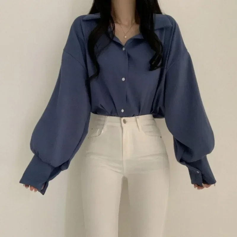 

Women Lantern Sleeve Tops Blouses Summer Office Elegant Button Casual Shirts Korean Women Turn-down Collar Loose Blouse Y2k 블라우스