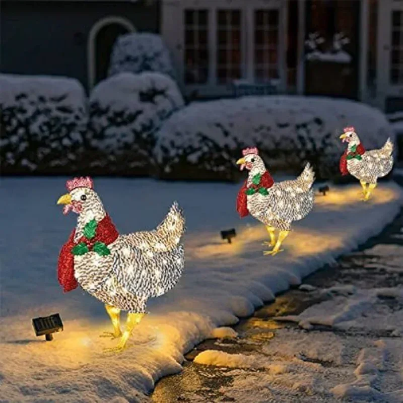 Garden Courtyard Xmas Decoration Lawn Corridor Christmas Atmosphere Statue Glow Chicken Metal Sculpture Figurine Home Decor 2024