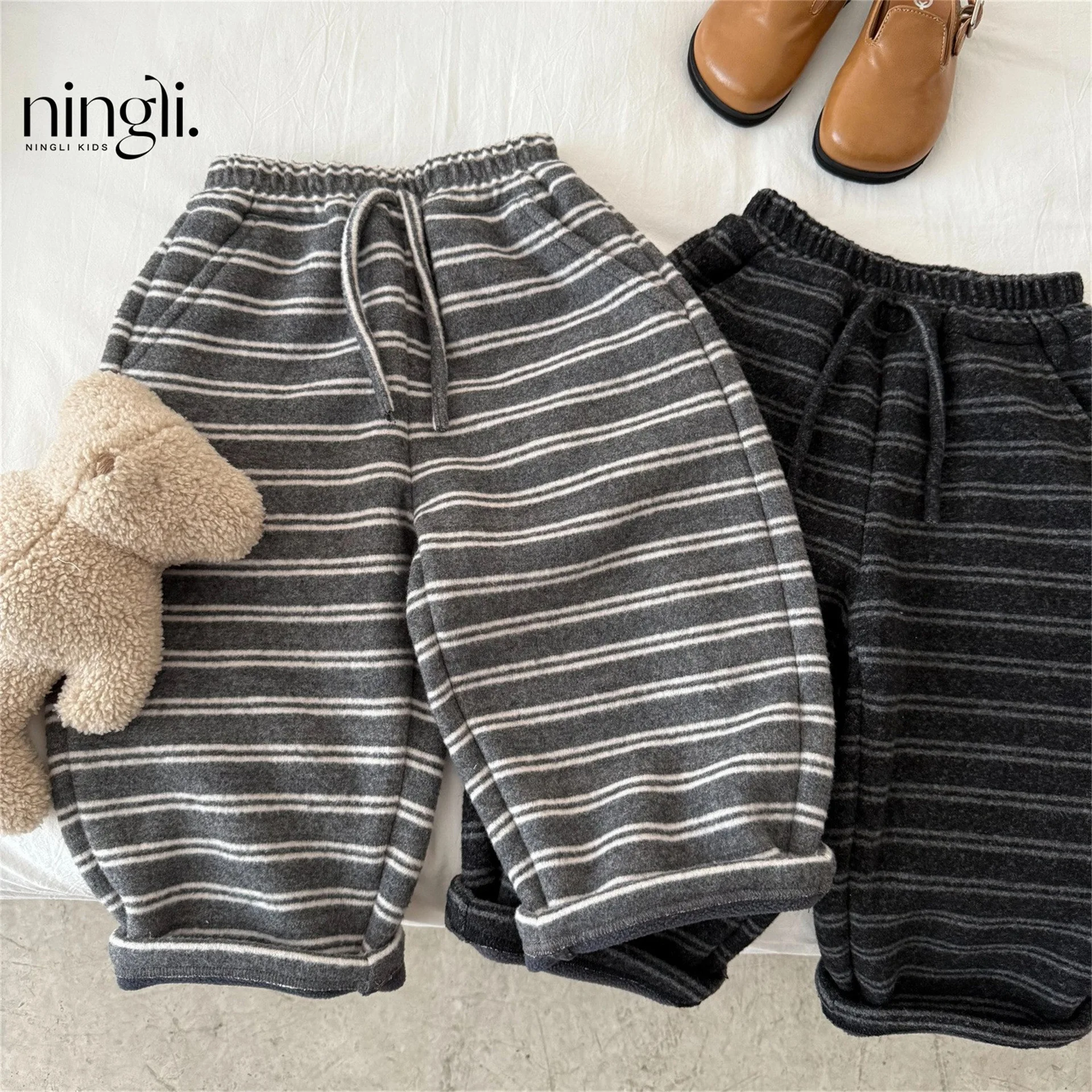 Children's Velvet Pants Autumn Winter Boys' Striped Straight-leg Pants Boys Girls Medium and Small Children's Casual Trousers