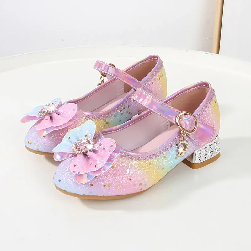 Spring Autumn Rainbow Princess Shoes Fashion Glitter Children Girls Crystal Leather Shoes Sequins Kids High-heels Single Shoes