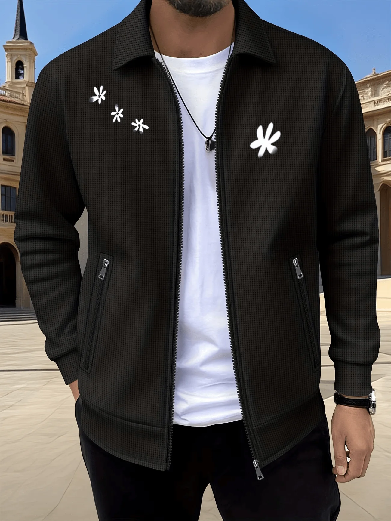 Men's casual lapel zip-up cardigan coat, stylish breathable waffle printed jacket, versatile top for outdoor sports