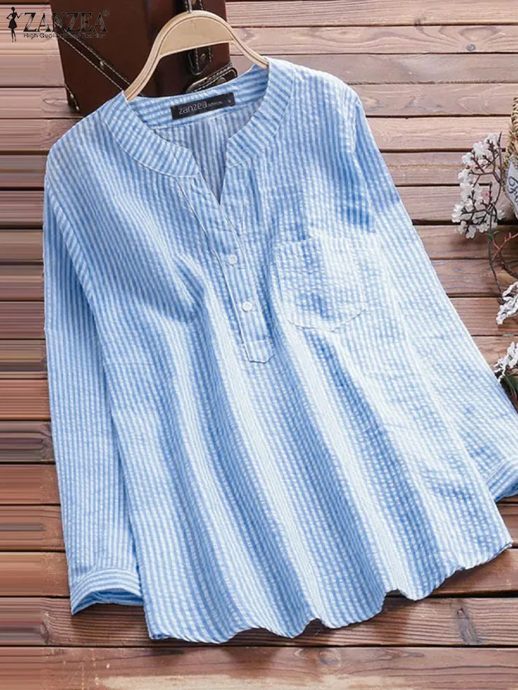 ZANZEA New Fashion Casual Tops Stripe Printed Elegant Blouse Spring Woman V-Neck Long Sleeve Chemise Office Tunic Blouses 2023