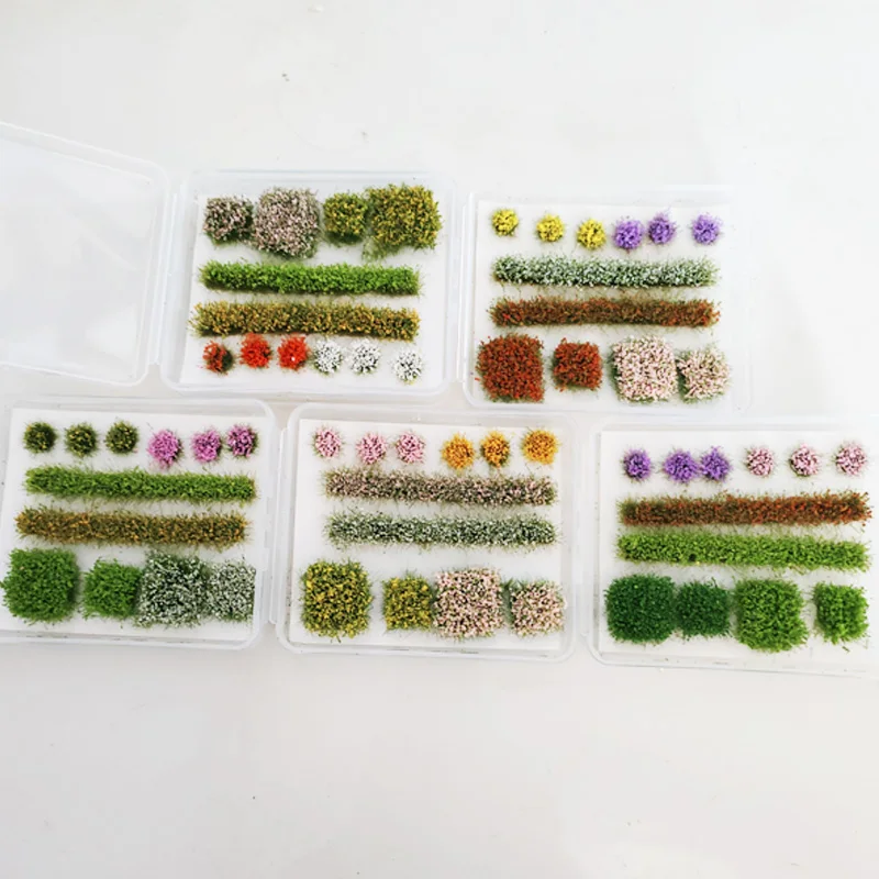 1Box Mixed Shape Static Grass Tuft Flower Cluster Model Kits Miniature Shrubs Bushes for Train Building Landscape