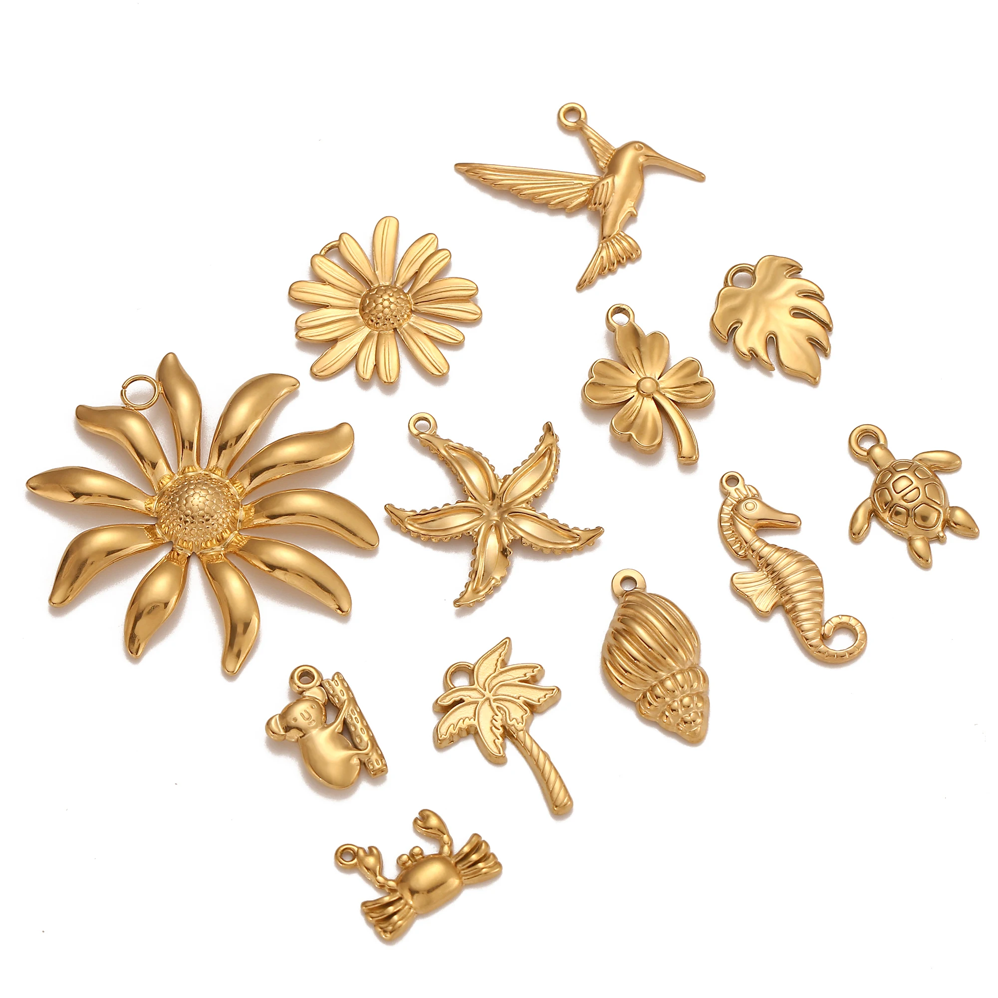 3Pcs Sun Flower/Clovel/Tropical Palm Charms Stainless Steel PVD Gold Plated Women Pendants DIY Necklace Bracelet Jewelry Making