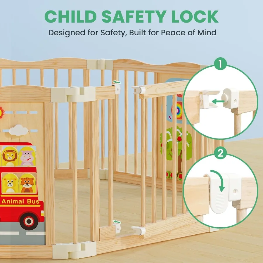 Cercadinho de madeira dobrável – Quintal de brincar de madeira ajustável para bebês com trava à prova de crianças, grande cerca de segurança interna para bebês e crianças pequenas