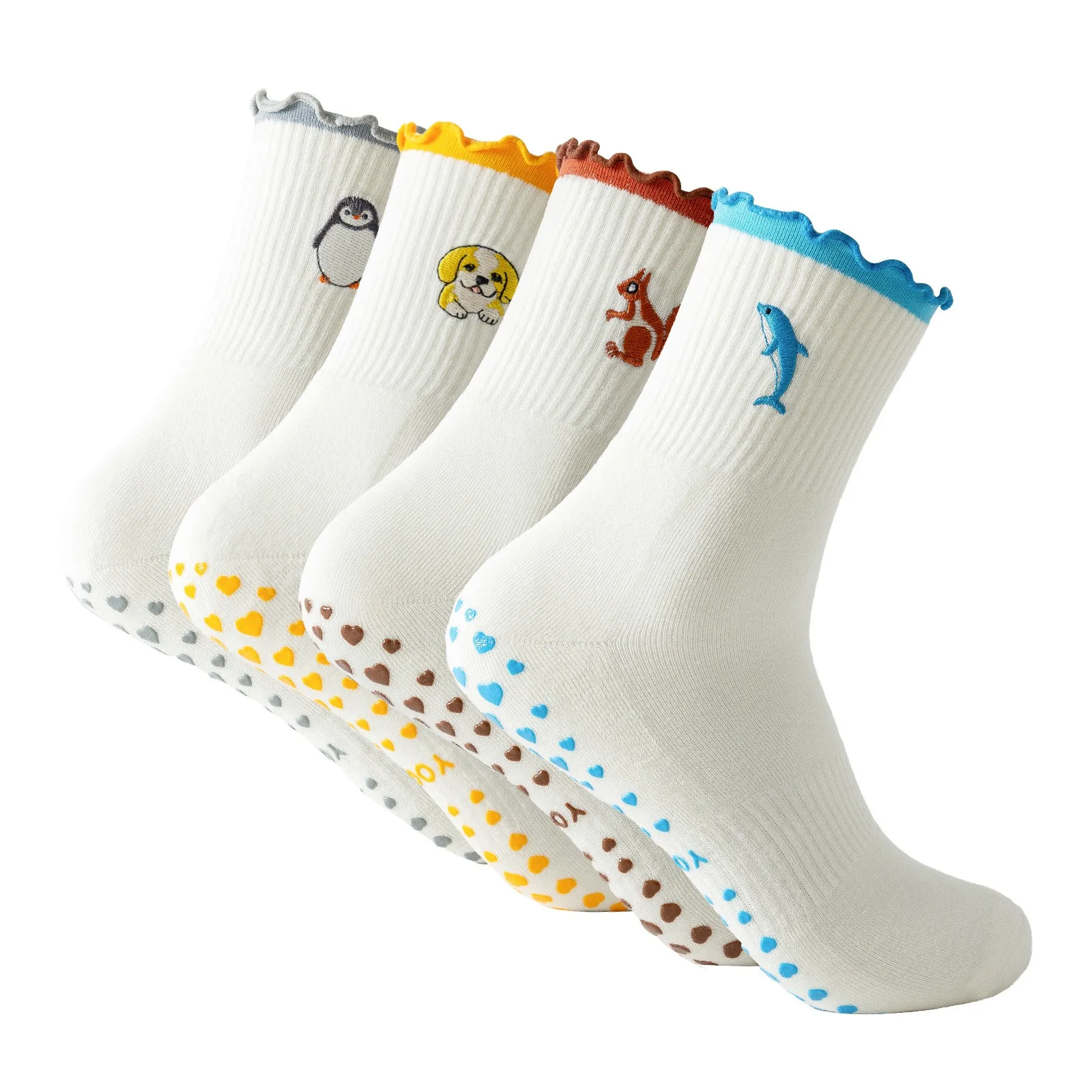 Cute Animal Embroidery Yoga Socks Women Ruffle Trim Non Slip Pilates Socks Mid Calf Cotton Anti Skid Gym Fitness Socks