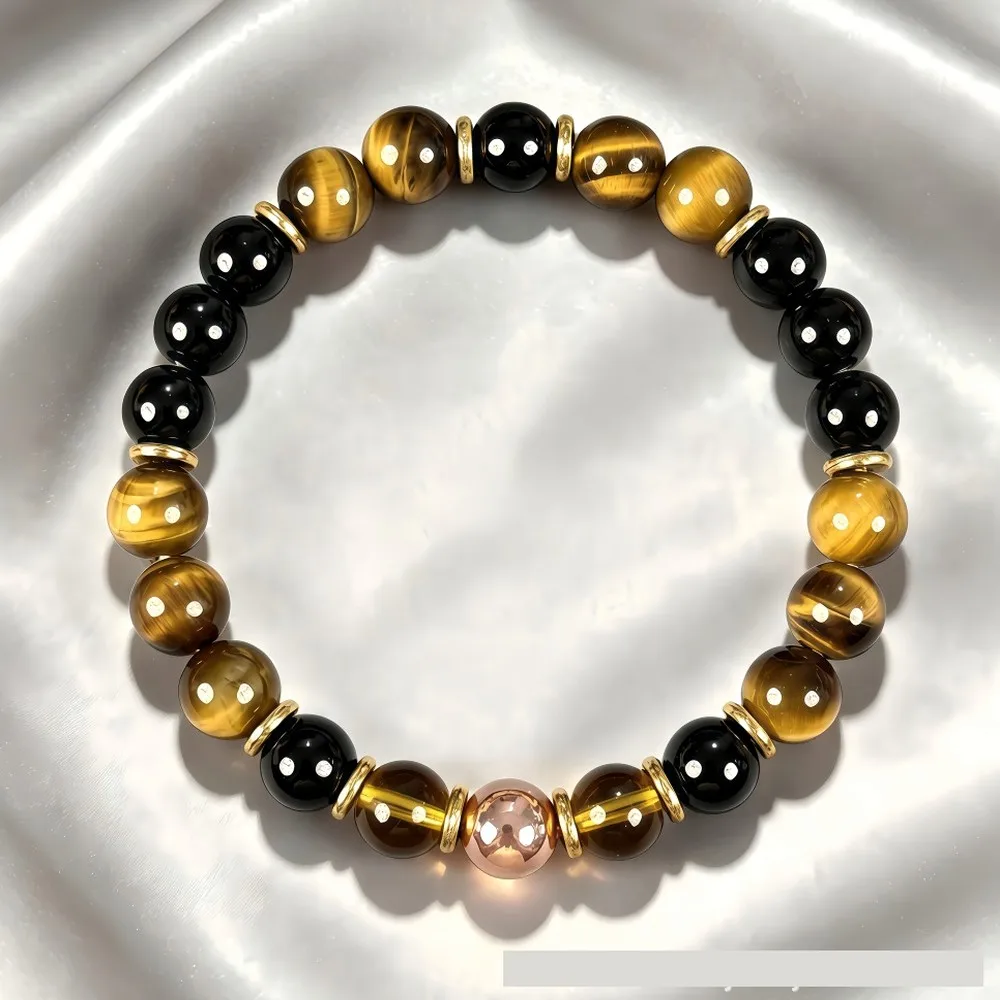 Tiger Eye And Obsidian Beaded Bracelet For Men Confidence Energy Vintage Handmade Stone Jewelry Gift