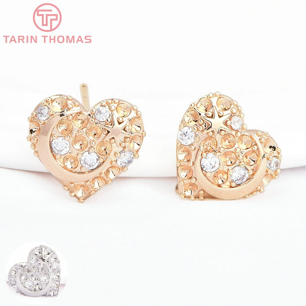 (2385) 4PCS 12x11MM 24K Gold Color Brass with Zircon Heart Shaped Star Moon Stud Earrings High Quality DIY Jewelry Findings
