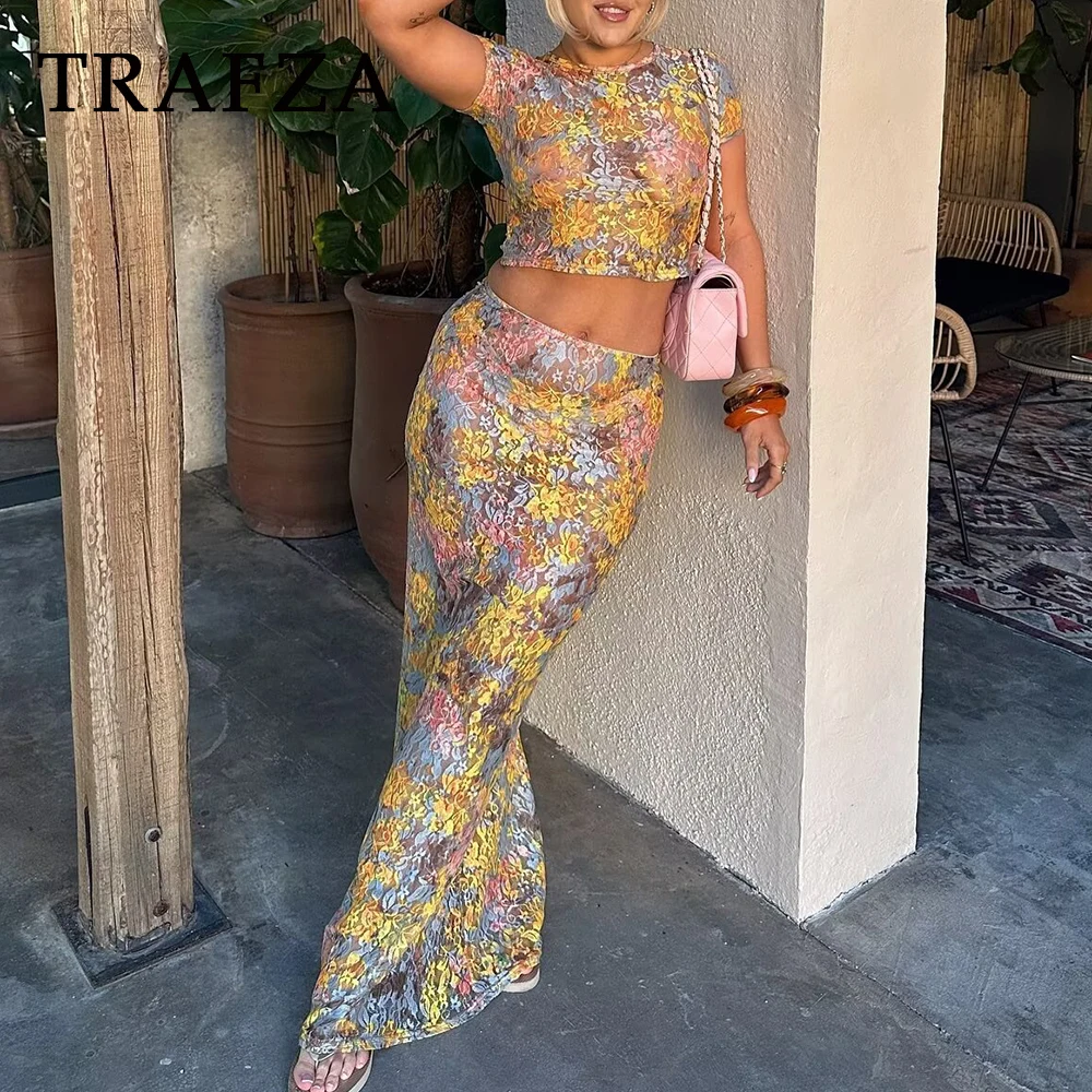 

TRAFZA Chic Lace Shiny Woman Suit O-Neck Sexy Short Tops+Sheath Elegant Long Skirt Fashion 2025 Night Party Birthday Female Set