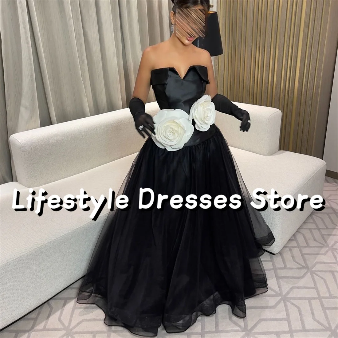 

Black Satin Tulle Prom Dress With Big Flower A-Line Vintage Sleeveless Evening Dresses 2024 Formal Party Gown vestidos de gala